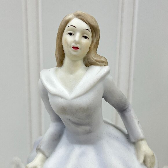 Victorian Ceramic Dinner Bell Woman Figurine Hat Bow Dress Floral Cabinet Piece - Picture 2 of 10